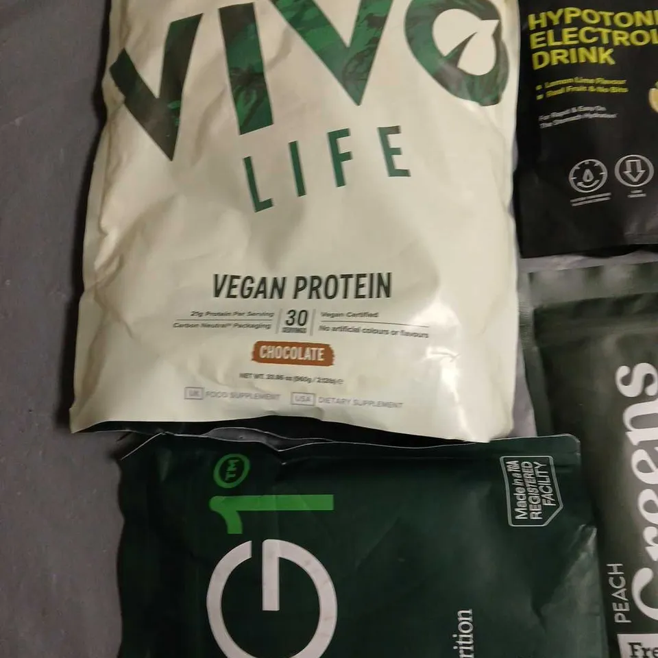 LOT OF 6 ASSORTED FOOD SUPPLEMENTS TO INCLUDE AG1 VIVO LIFE VEGAN PROTEIN AND REVVIES ELECTROLYTE DRINK