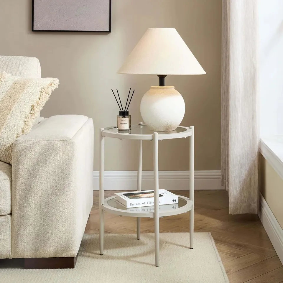 BOXED DUSK GLASS ROUND SIDE TABLE - STONE (1 BOX)