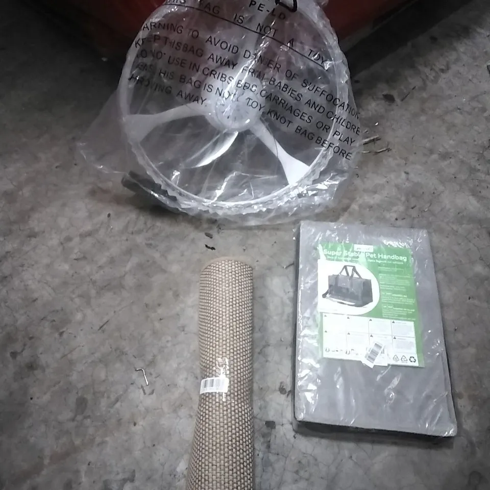 PALLET OF ASSORTED ITEMS TO INCLUDE; SMALL RUG,  STABLE PET HANDBAG, CEILING FAN 