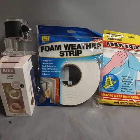 APPROXIMATELY 10 ASSORTED ITEMS TO INCLUDE - WINDOW INSULATION KIT , FOAM WEATHER STRIP , BIBS DUMMY ETC