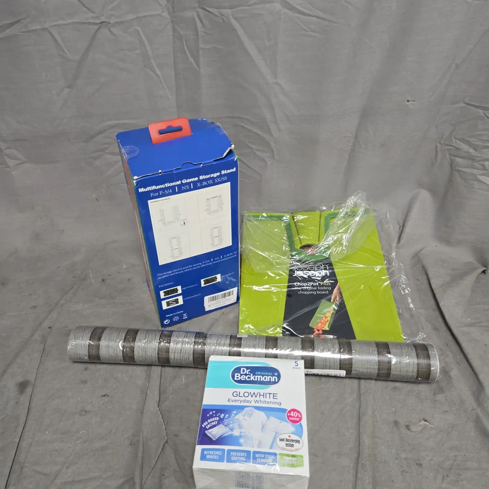 BOX OF APPROXIMATELY 15 ASSORTED HOUSEHOLD ITEMS TO INCLUDE CHOP2POT BOARD, WALLPAPER, DR BECKMANN, GAME STORAGE STAND ETC