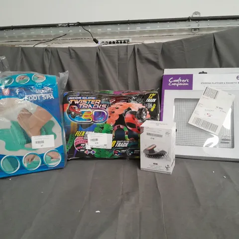 APPROXIMATELY 10 ASSORTED PRODUCTS TO INCLUDE MANTA PLUS FLEXGUARD HAIRBRUSH, FOOTSPA, NEON GLOW TWISTER TRACKS TOY, CRAFTER'S COMPANION STAMPING PLATFORM & MAGNETIC BASE