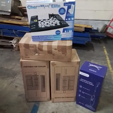 PALLET OF ASSORTED HOUSEHOLD ITEMS AND CONSUMER PRODUCTS TO INCLUDE;  PORTABLE AIR COOLERS, STEAM CLEANER, CHESS SET, BOXED FURNITURE ETC 