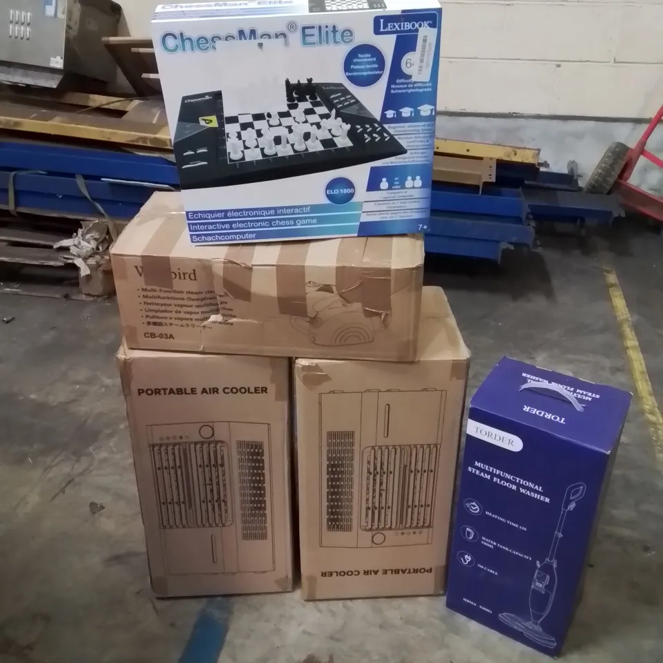 PALLET OF ASSORTED HOUSEHOLD ITEMS AND CONSUMER PRODUCTS TO INCLUDE;  PORTABLE AIR COOLERS, STEAM CLEANER, CHESS SET, BOXED FURNITURE ETC 