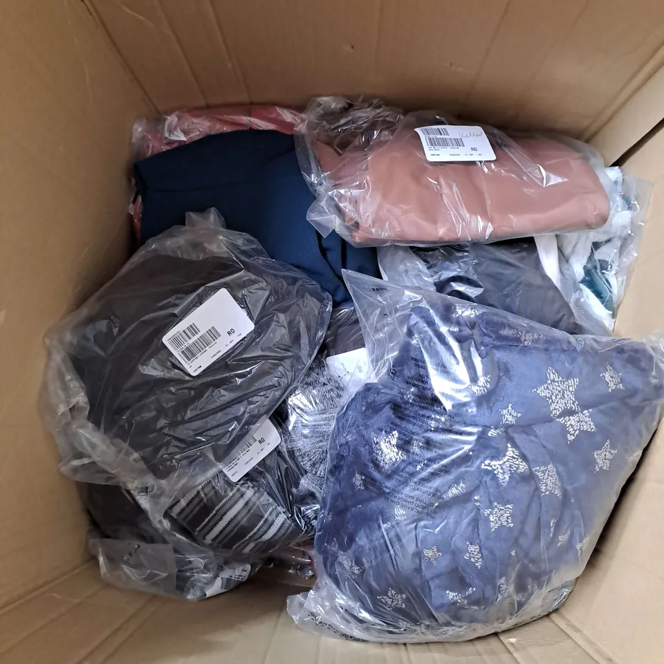 BOX OF APPROX 20 ASSORTED CLOTHING ITEMS TO INCLUDE - TROUSERS, JUMPERS, SOCKS ETC