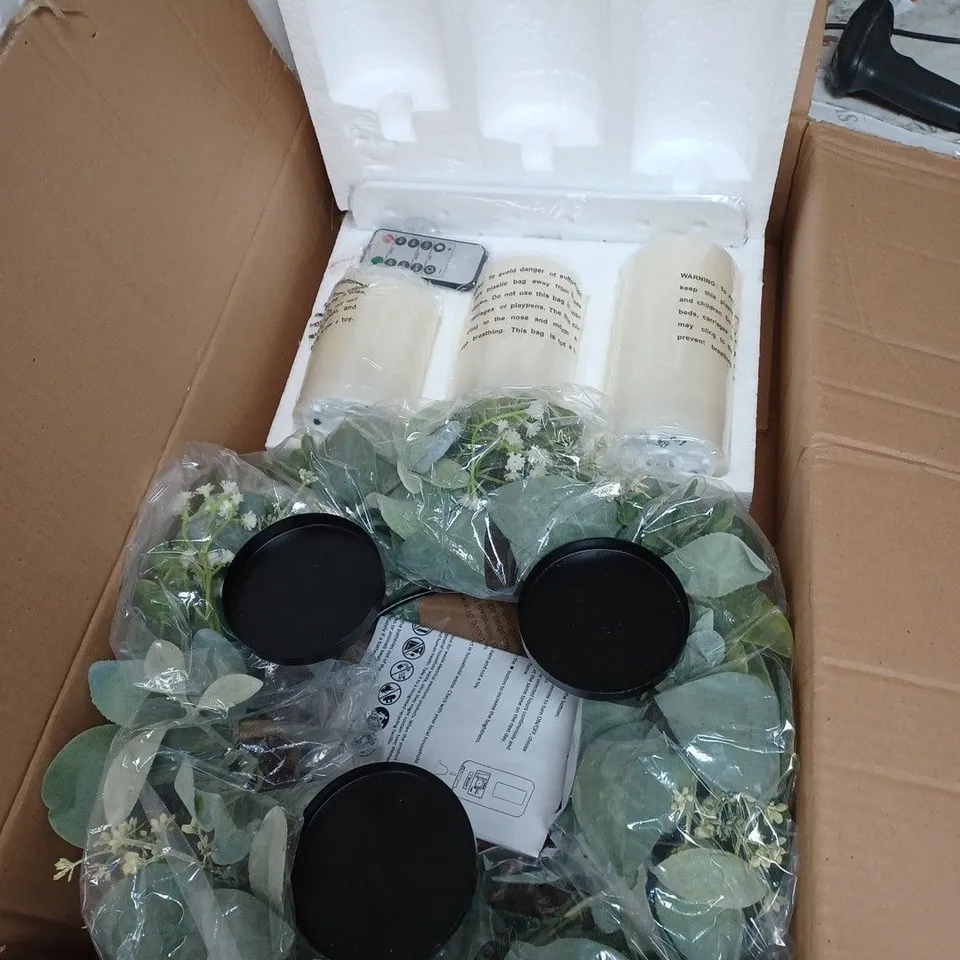 HOME REFLECTIONS 3 IN 1 FLAMELESS CANDLE WITH WREATH SET - SAGE - MISSING CANDLES