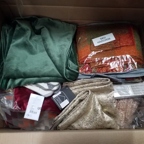 BOX CONTAINING ASSORTED FABRICS INCLUDING PILLOW CASES, CURTAINS & PET BED