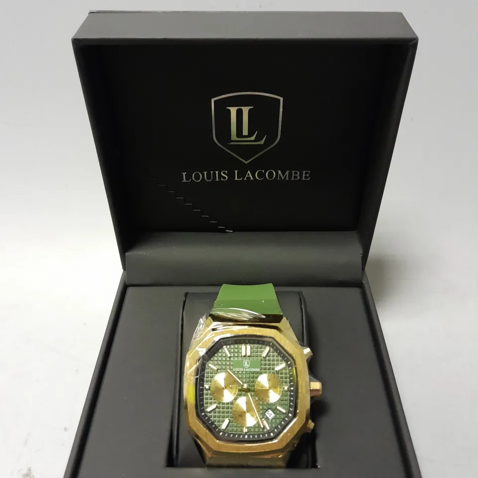 BOXED LOUIS LACOMBE CHRONOGRAPH WATCH WITH GREEN RUBBER STRAP