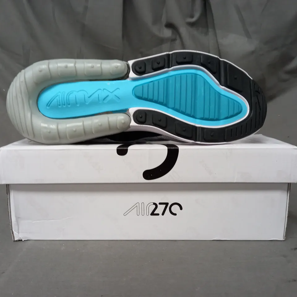 BOXED PAIR OF NIKE AIR MAX 270 SHOES IN WHITE/BLACK/CYAN UK SIZE 8.5
