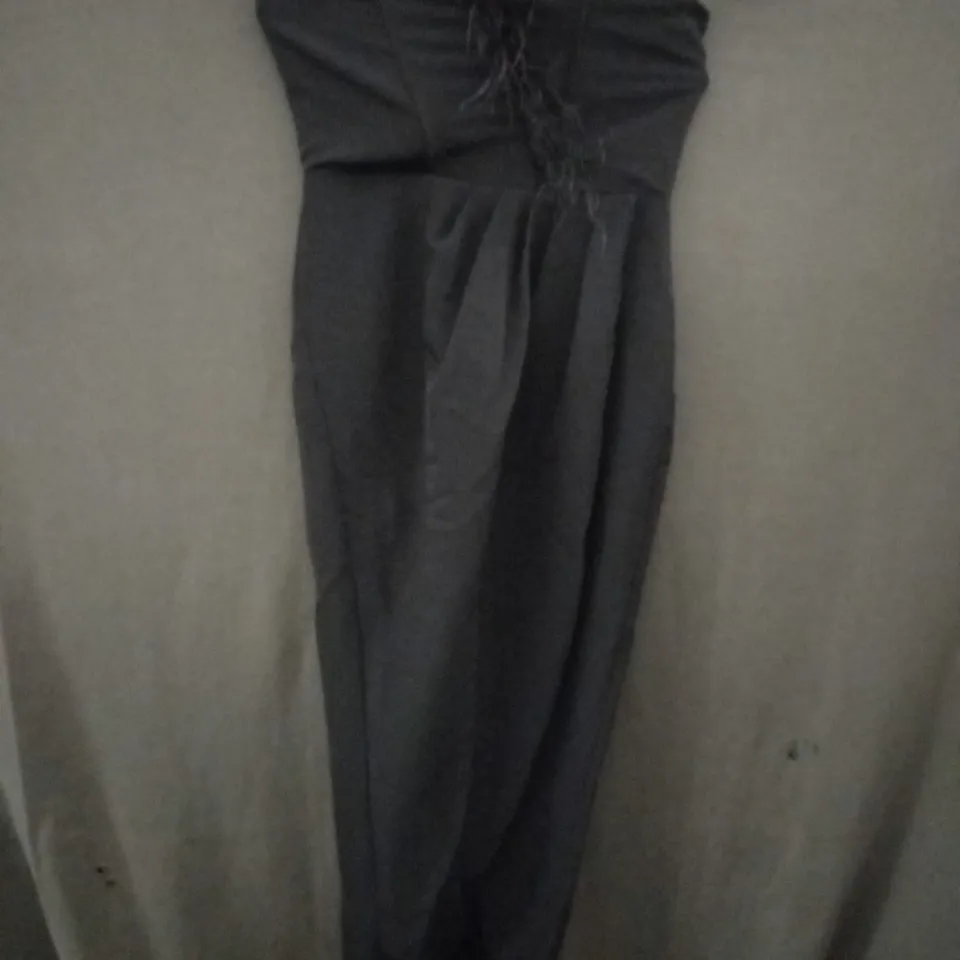 CLUB L BANDEAU THIGH SPLIT MAXI DRESS WITH FEATHER TRIM IN BLACK - UK 14