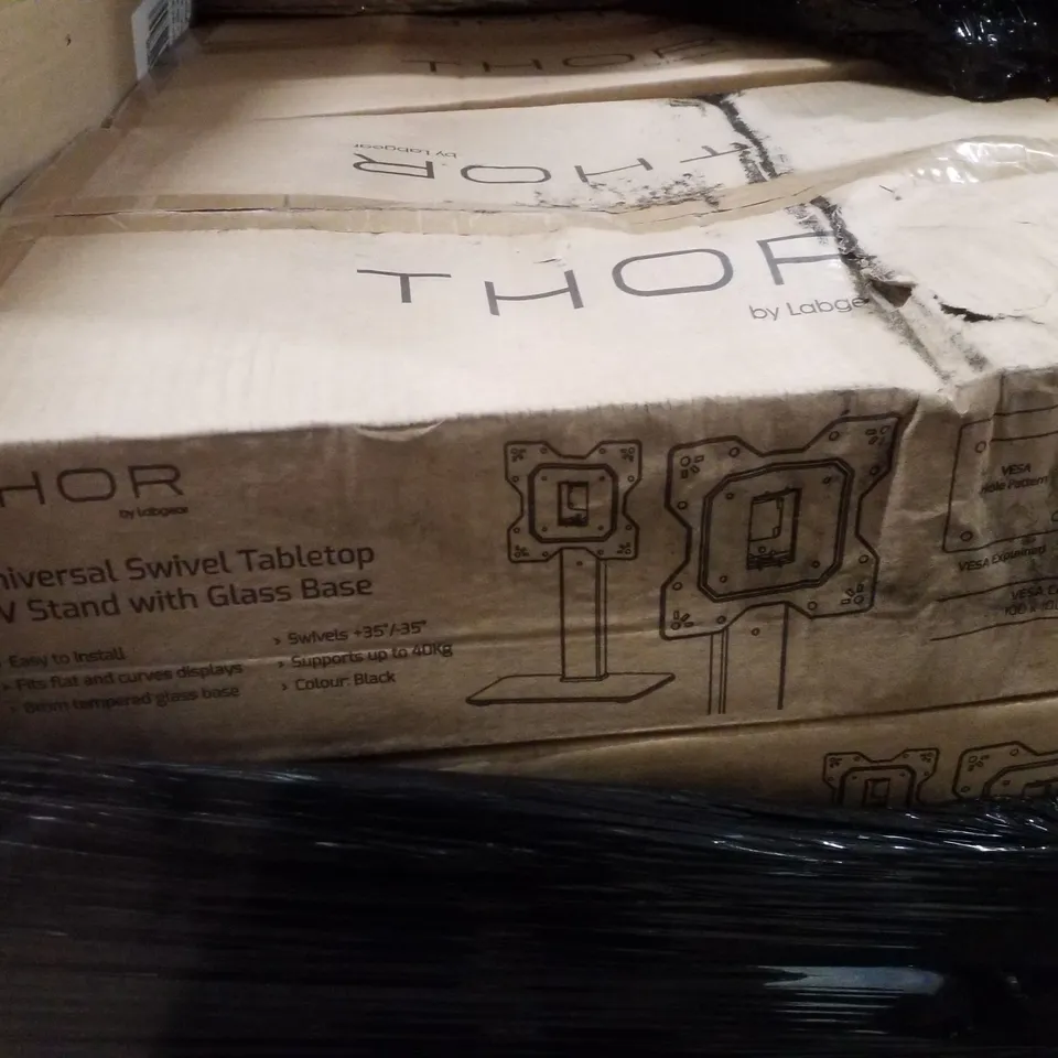 PALLET CONTAINING ASSORTED ELECTRICAL PRODUCTS INCLUDING UNIVERSAL SWIVEL TABLETOP TV STAND WITH GLASS BASE, EXTENSION REELS & MICRO WIRELESS BLUETOOTH SPEAKERS