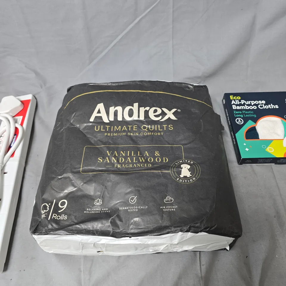 BOX OF ASSORTED HOUSEHOLD ITEMS INCLUDING  SEEP ECO BAMBOO CLOTHS (3-PACK), ANDREX VANILLA & SANDALWOOD TOILET TISSUE (9 ROLLS), SURGE PROTECTED POWER STRIP