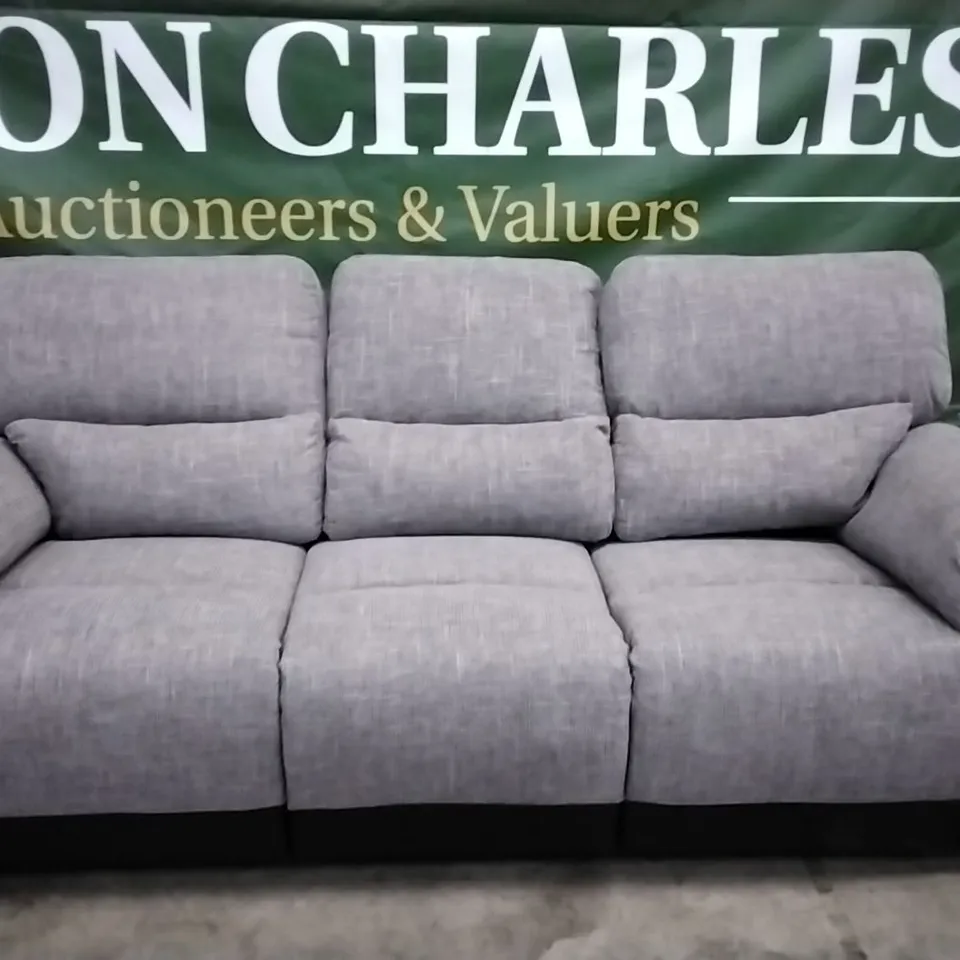 QUALITY DESIGNER SANTORI 3 SEATER RECLINER SOFA - BLACK LEATHER/GREY FABRIC