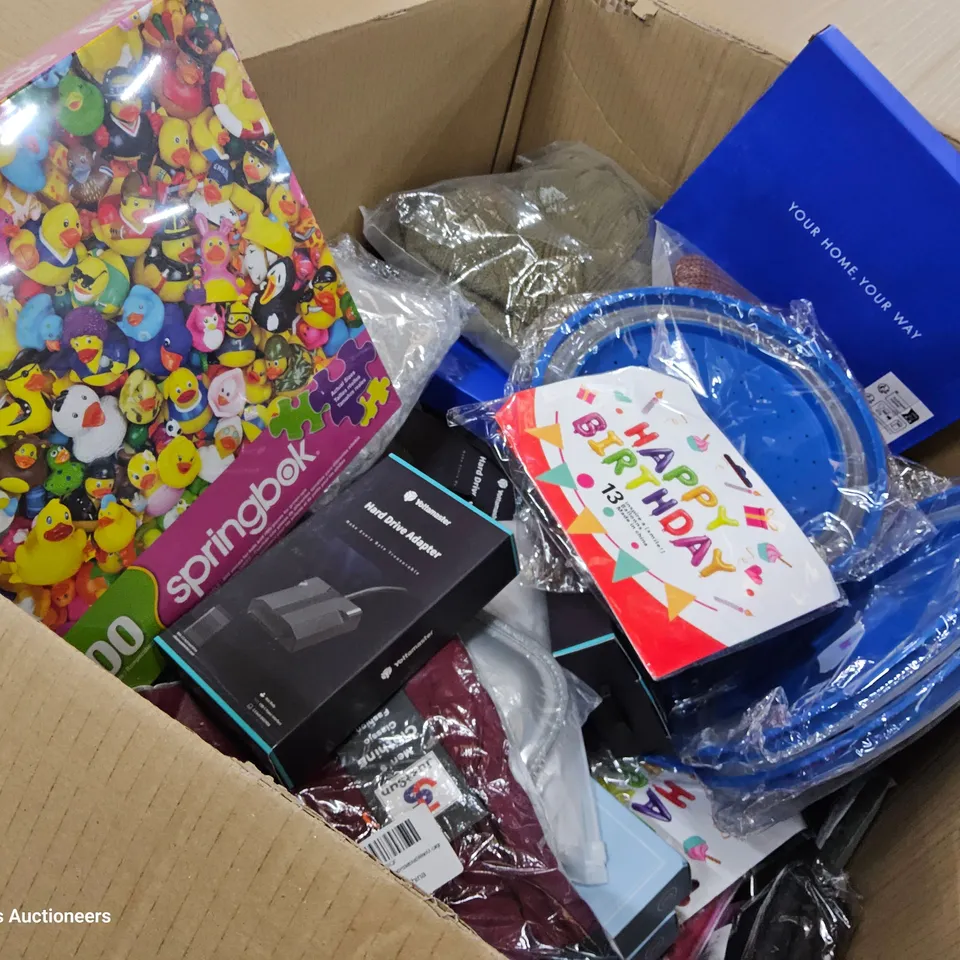 PALLET CONTAINING 6 BOXES OF ASSORTED ITEMS, TO INCLUDE,BIRTHDAY BALLOONS, JIG SAWS, HARD DRIVE ADAPTERS, CLOTHING, CARD COLLECTOR WALLETS, LED NIGHT LIGHTS, CAT TOYS,3D VISUALIZATION LAMPS