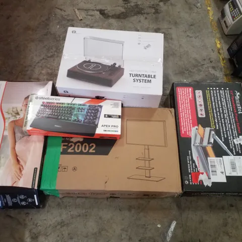 PALLET CONTAINING ASSORTED PRODUCTS INCLUDING TURNTABLE SYSTEM, TV STAND, 13" TOMAHAWK FLOOR CUTTER, STEELSERIES APEX PRO KEYBOARD & TEMPUR PILLOW