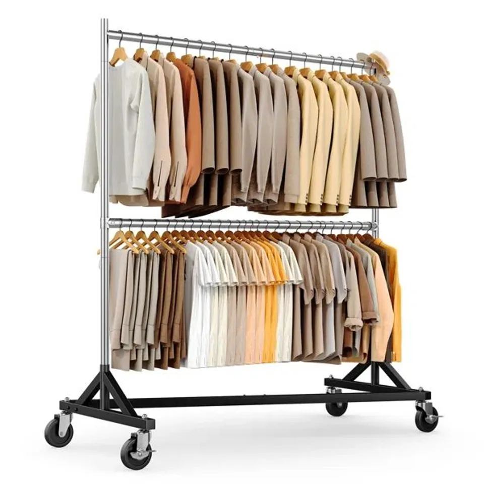 BOXED COMMERCIAL HEAVY DUTY DOUBLE CLOTHING RACK - Z BASE ROLLING GARMENT RACK 