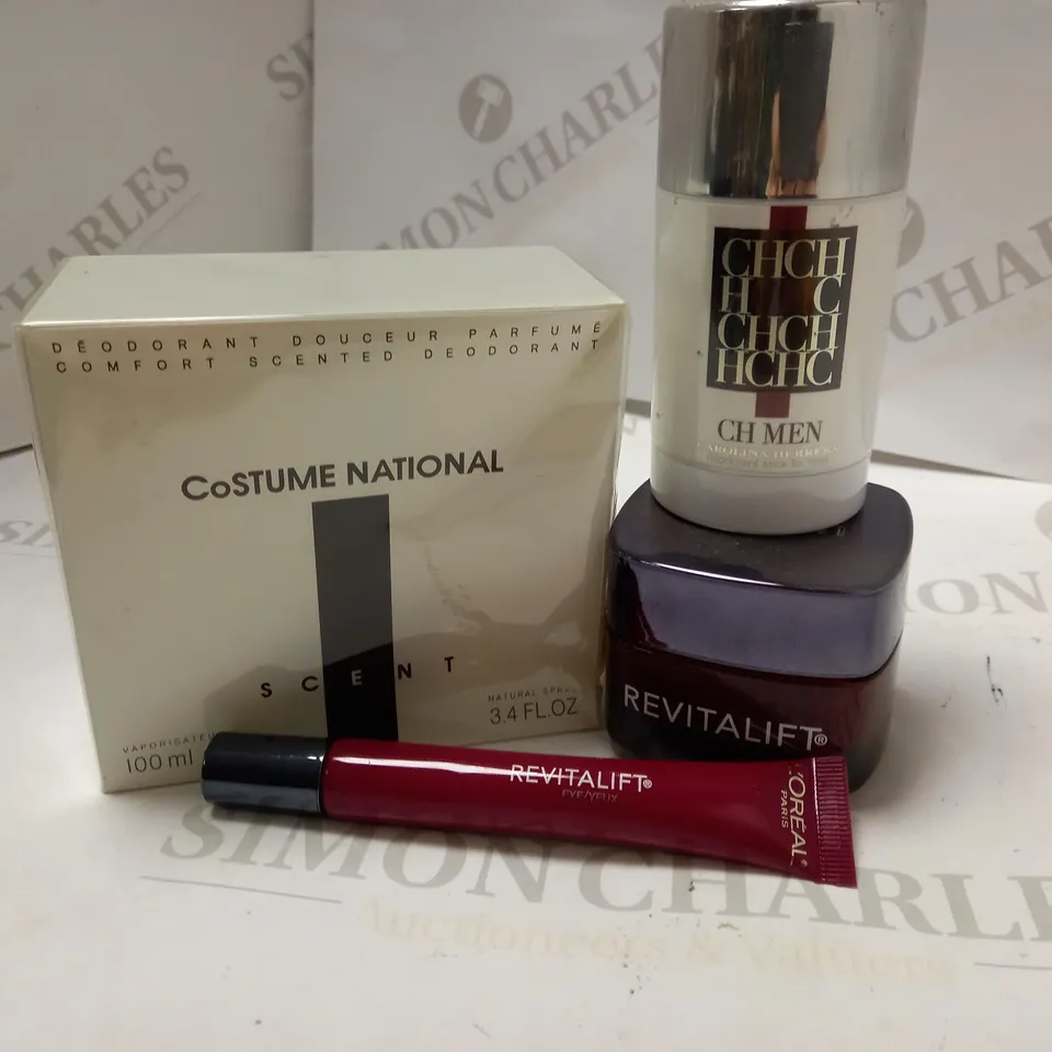 LOT OF 4 ITE4MS INCLUDING L'OREAL REVITALIFT TRIPLE POWER DUO, CAROLINA HERRERA DEODORANT STICK FOR MEN 75ML, COSTUME NATIONAL SCENT 100ML