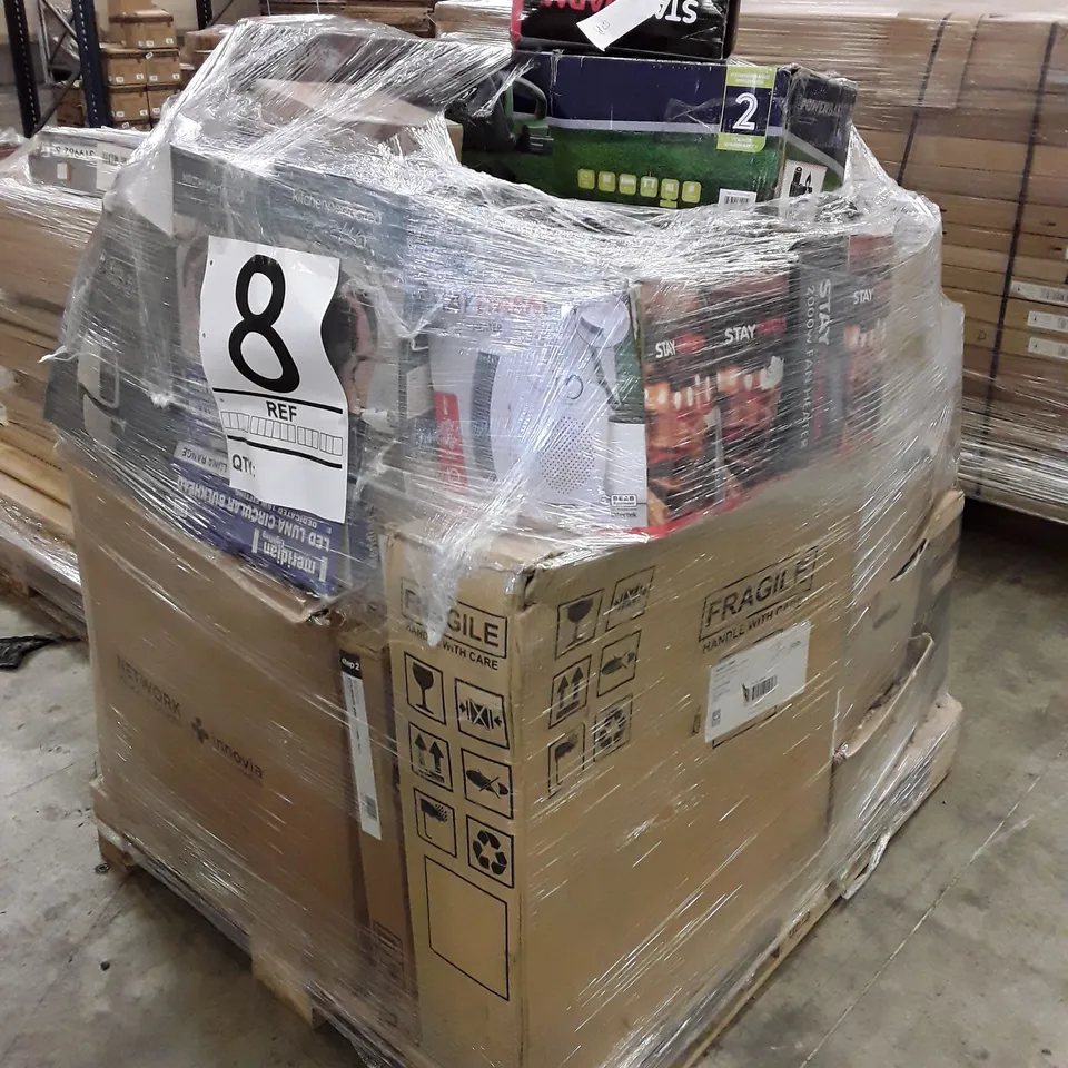 PALLET OF ASSORTED ELECTRONICS INCLUDING 2000W FAN HEATER, 20V CORDLESS HEDGE TRIMMERS, 1.7L CORDLESS KETTLE, DESK LAMP, AIR FRYER