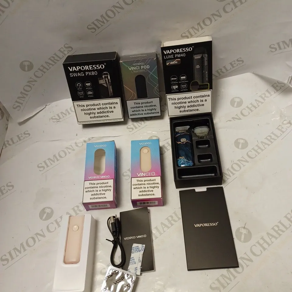 BOXED VARIETY OF VAPE KITS. VAPORESSO LUXE PM40 AND SWAG PX80. VOOPOO VINCI POD X3 