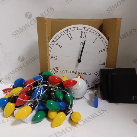 FIVE ASSORTED PRODUCTS TO INCLUDE LEATHER WALLET, RAINBOW LIGHTER, RUSTIC WOODEN WALL CLOCK, STRING LIGHTS, COMMEMORATIVE BAUBLE