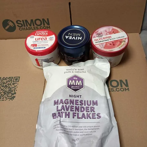 APPROXIMATELY 15 ASSORTED COSMETIC ITEMS TO INCLUDE UREA CREAM, NIVEA MEN BODY CREAM, GARNIER GLYCERIN HYDRATING BODY CREAM, LAVENDER BATH FLAKES ETC