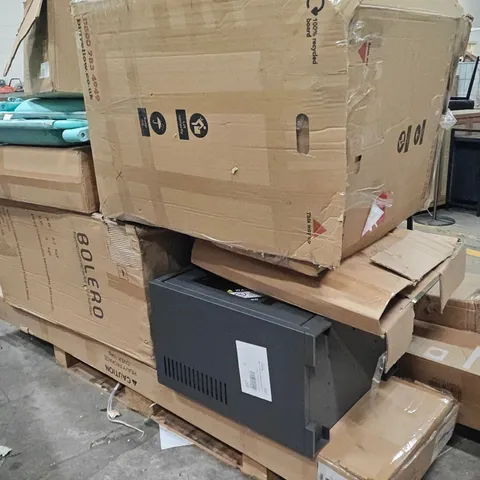 PALLET OF ASSORTED HOUSEHOLD GOODS AND PRODUCTS TO INCLUDE;3 BAR LIGHT,SUN LOUNGERS,FIRE,STOOLS