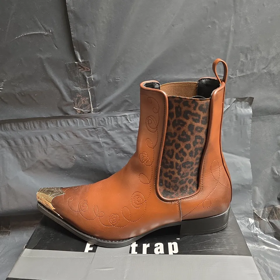 BROWN LEATHER CHELSEA BOOTS WITH LEOPARD PRINT PANELS AND GOLD TOE CAPS (MEN'S)