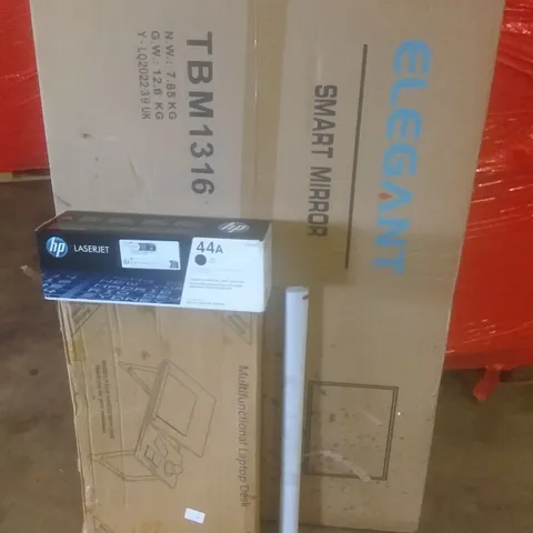 PALLET OF ASSORTED ITEMS INCLUDING SMART MIRROR, LAPTOP DESK, HP LASER JET PRINT CARTRIDGE, CHRISTMAS WINDOW DECORATION