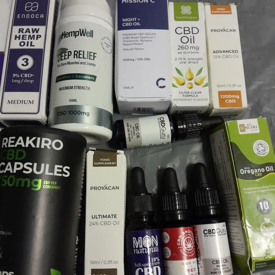 LOT OF APPROXIMATELY 24 ASSORTED CBD ITEMS TO INCLUDE OILS, CAPSULES AND PATCHES