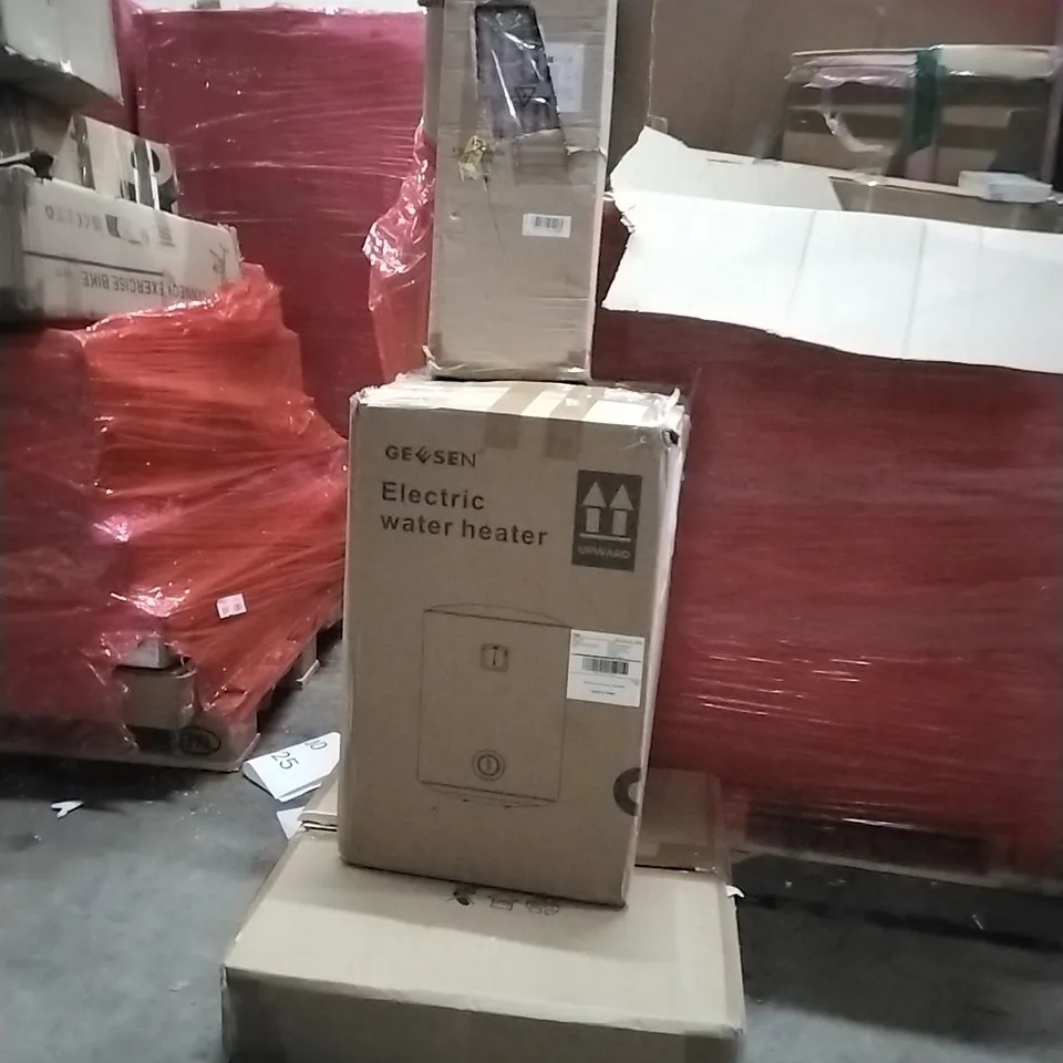 PALLET OF ASSORTED PRODUCTS AND HOUSEHOLD GOODS TO INCLUDE;ELECTRIC WATER HEATER,CHANDELIER,SHOE RACK
