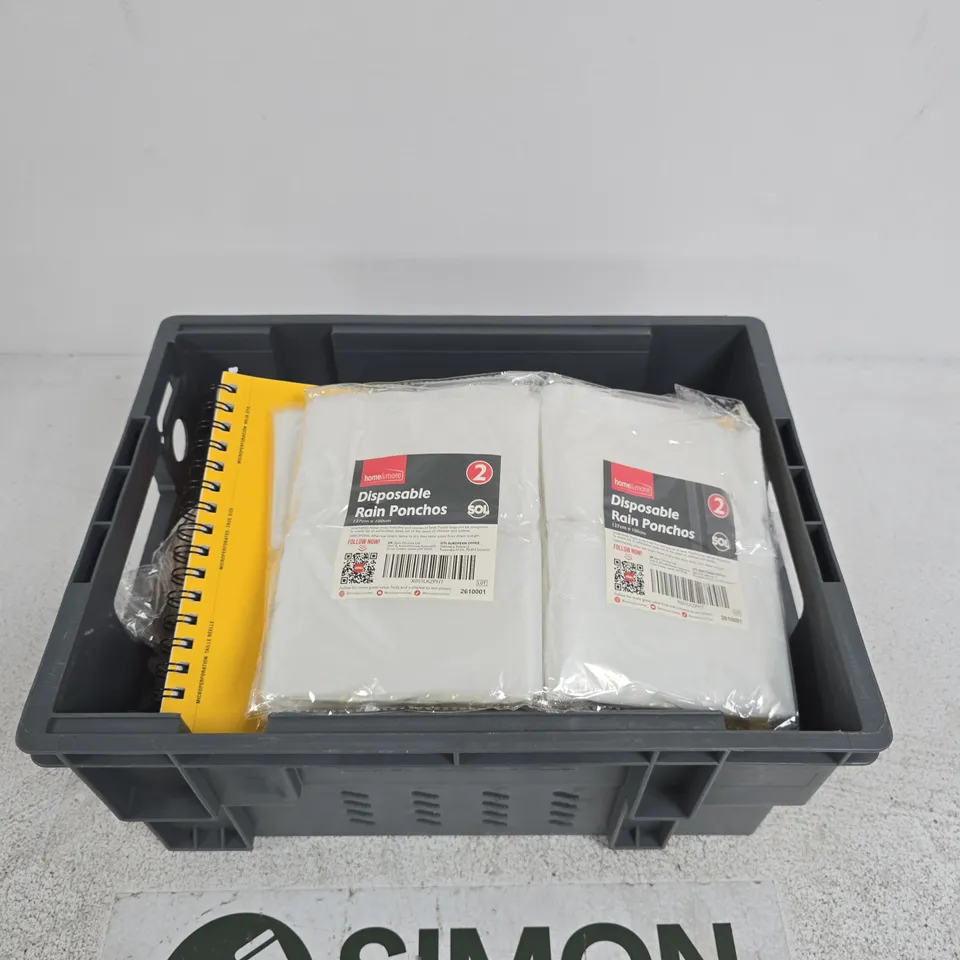 TOTE OF APPROXIMATELY 10 ASSORTED ITEMS INCLUDING CANSON BRISTOL NOTEBOOK, HOME&MORE DISPOSABLE RAIN PONCHOS AND DUCK AQUA BLUE