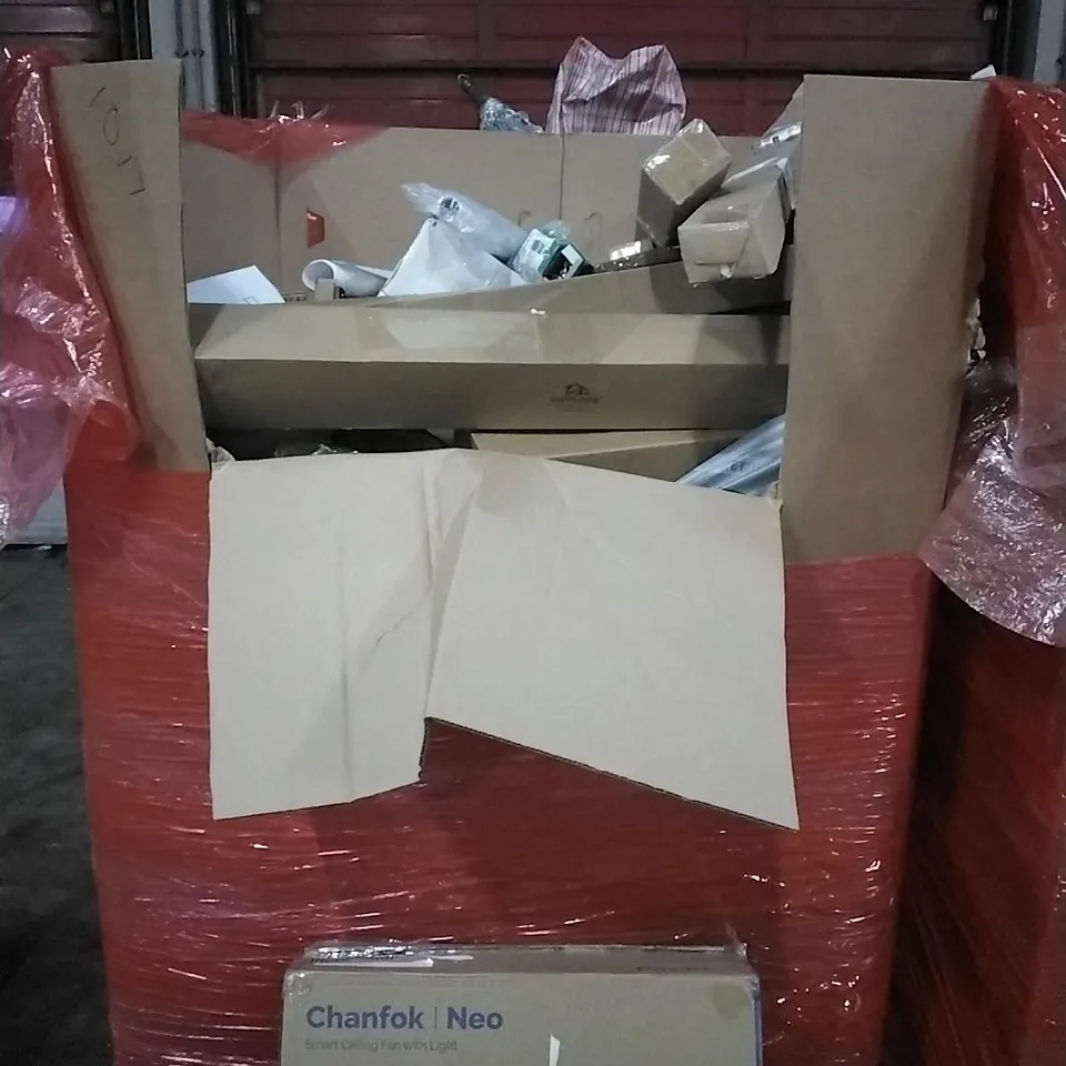 PALLET OF HOUSEHOLD ITEMS TO INCLUDE TOILET, SMART CEILING FAN WITH LIGHT, CRAZY DARTS, THE SEAHORSE BARQUE AND OTHER ASSORTED ITEMS...
