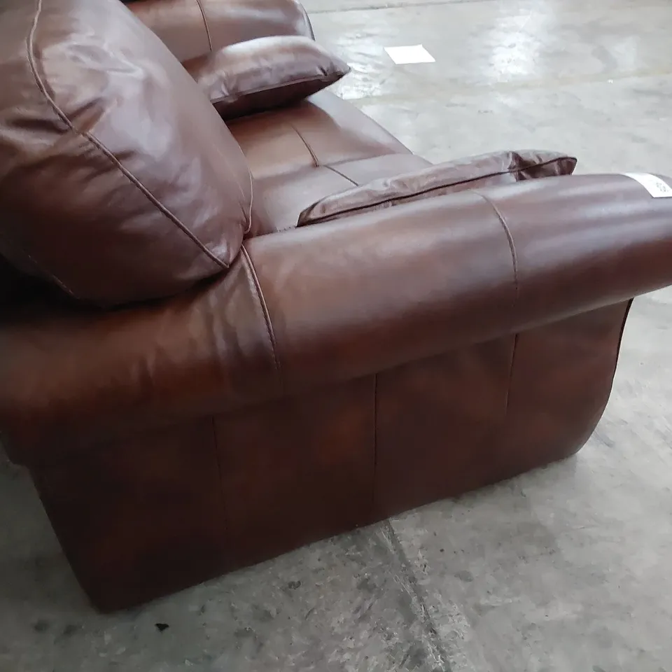 DESIGNER TWO SEATER SCROLL ARM SOFA CHESTNUT LEATHER