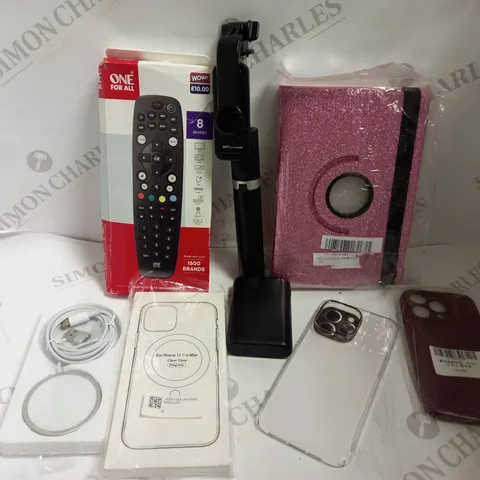 BOX OF APPROX 10 ITEMS INCLUDING ONE FOR ALL UNIVERSAL REMOTE, ASSORTED PHONE CASES AND TABLET CASE