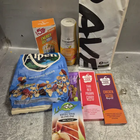 APPROXIMATELY 8 ASSORTED FOOD/DRINK PRODUCTS TO SODA STREAM MANGO, RAVE COFFEE, ALPEN MUESLI ETC