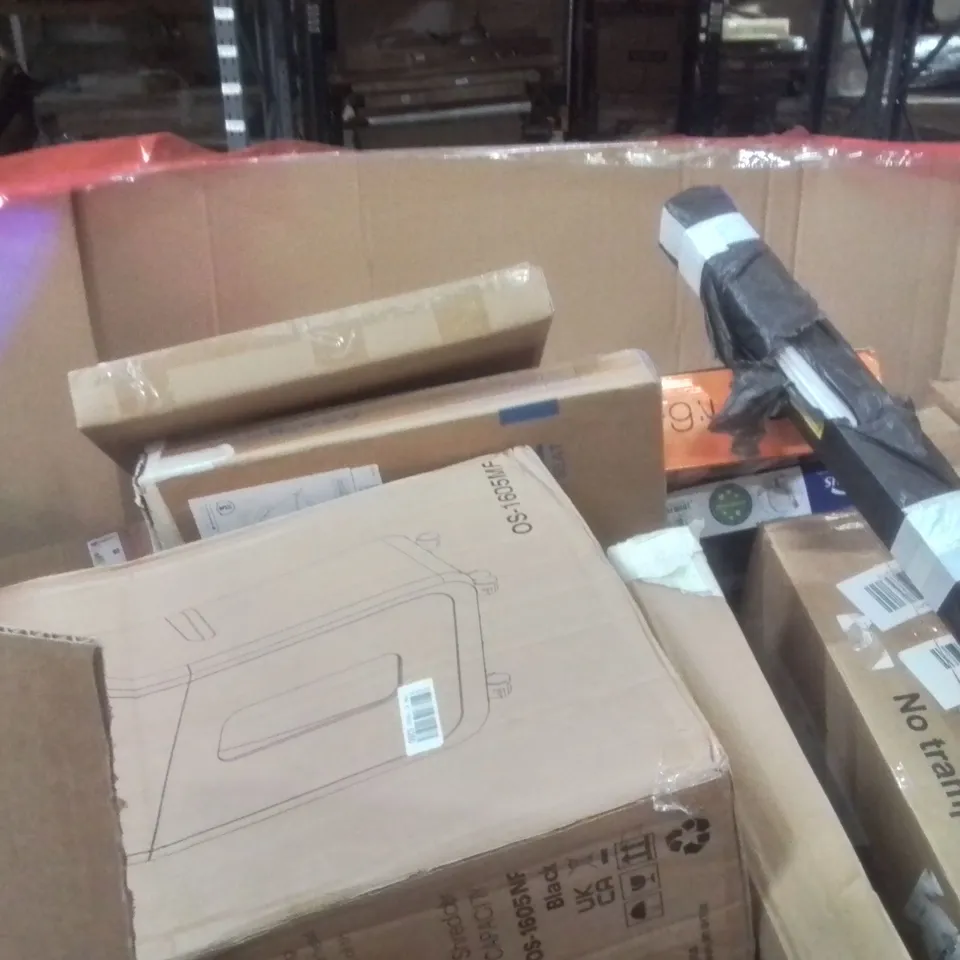 PALLET CONTAINING VARIOUS ASSORTED ITEMS TO INCLUDE:SHREDDER,TOILET SEAT, SLOT TRACK RACING, BABY FITNESS BLANKET, STEAM FLOOR WASHER AND OTHER ASSORTED ITEMS...