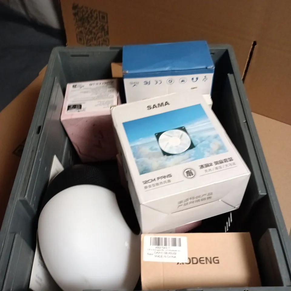 BOX OF APPROXIMATELY 8 ASSORTED ELECTRICAL ITEMS INCLUDING MINI PRINTER AND SAMA 12CM FANS