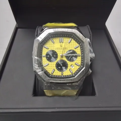 LOUIS LACOMBE GENTS YELLOW FACE STAINLESS STEEL CHRONOGRAPH WATCH WITH YELLOW RUBBER STRAP IN GIFT BOX