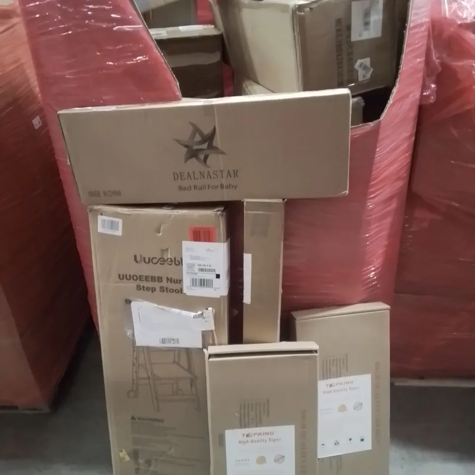 PALLET CONTAINING VARIOUS ASSORTED BOXED HOUSEHOLD ITEMS TO INCLUDE: BABY BED RAIL, STEPPING STOOL, HIGH QUALITY LED SIGNS, CHRISTMAS TREE AND LOTS MORE UNMARKED BOXED ITEMS.