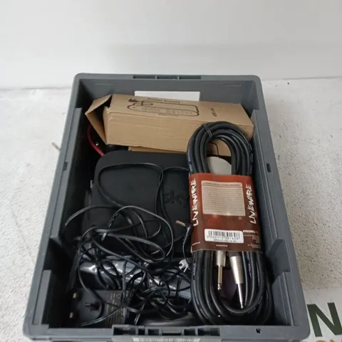 BOX CONTAINING A MIX OF APPROXIMATELY 15 ASSORTED ITEMS INCLUDING ROUTER, HIGH PERFORMANCE CABLES, REMOTES ETC. 