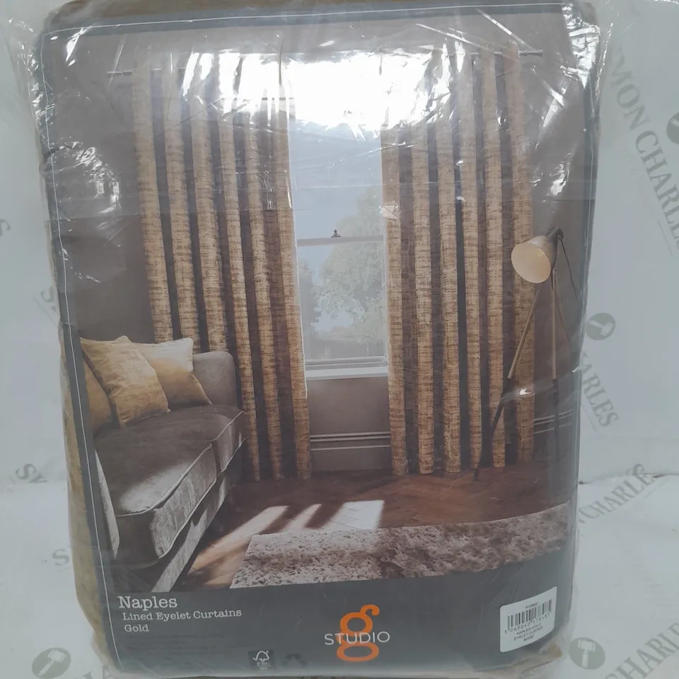 STUDIO G NAPLES VELVET LINED EYELET CURTAINS IN GOLD 228CM X 228CM  RRP £229.99