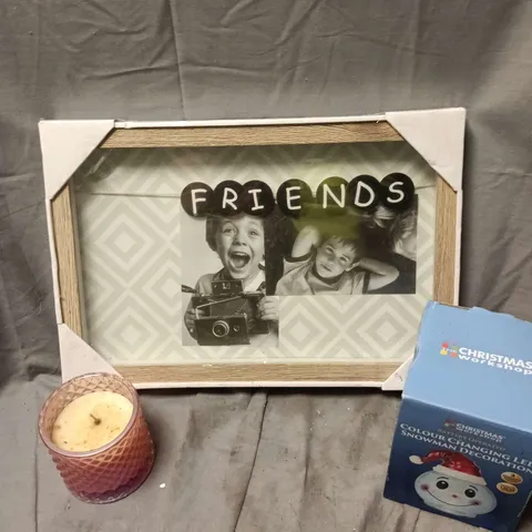 APPROXIMATELY 10 ASSORTED HOUSEHOLD PRODUCTS TO INCLUDE PICTURE FRAME, SNOW DECORATIONS, CANDLE ETC