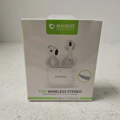 SEALED MAXMATE WIRELESS STEREO EARBUDS WITH CHARGING CASE – WHITE