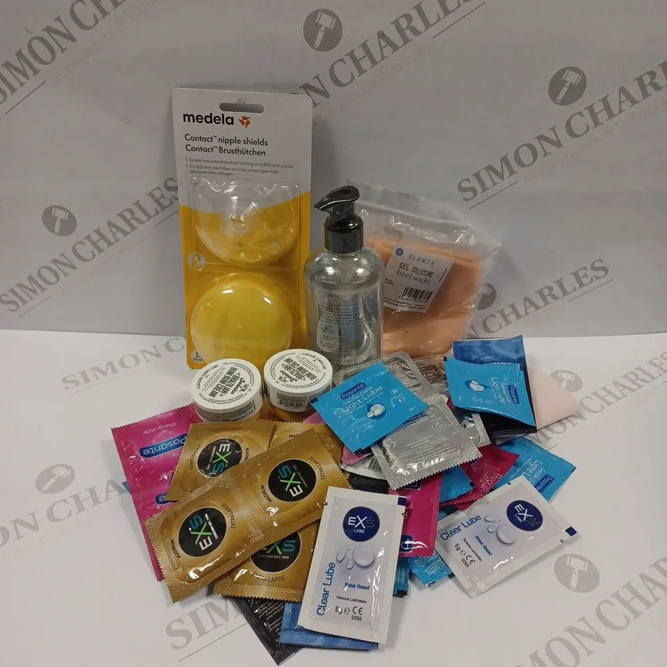 APPROXIMATELY 20 ASSORTED PRODUCTS TO INCLUDE MEDELA NIPPLE SHIELDS, GEL SILICONE HEELS, ENJOY LOVE HONEY WATER-BASED LUBRICANT, CONDOMS ETC. 