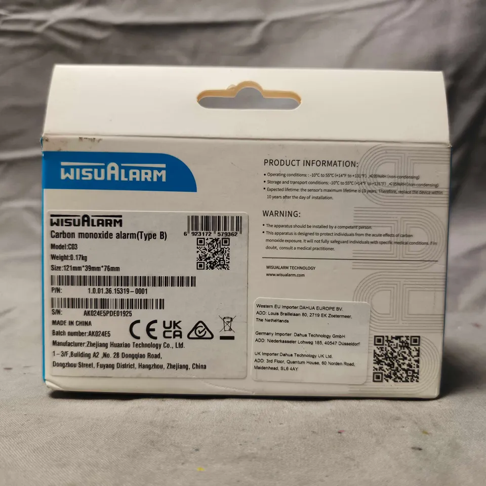WISUALARM CARBON MONOXIDE ALARM – TYPE B, MODEL COD3, BOXED