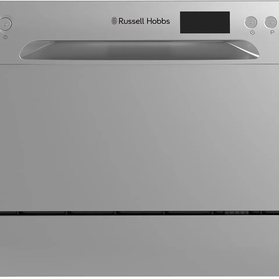 BOXED RUSSELL HOBBS TABLE TOP DISHWASHER COMPACT MINI WITH 6 PLACE SETTINGS, LED DISPLAY, BUTTON CONTROL, 6 PROGRAMMES, PORTABLE & EFFICIENT, 24HR TIMER, RINSE & ECO MODE IN SILVER, RH6TTDW0D1S