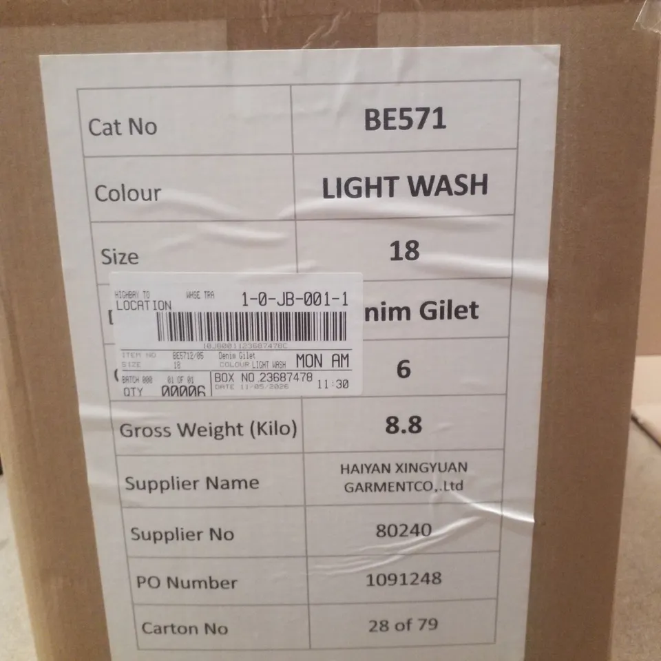 BOX CONTAINING APPROXIMATELY 6 BRAND NEW SIMPLY BE BLUE REGULAR SLEEVELESS DENIM GILETS - SIZE 18