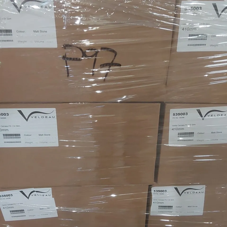 PALLET CONTAINING A LARGE QUANTITY OF ASSORTED BATHROOM FURNITURE PARTS INCLUDING: VELDEAU VANITY CARCASSES