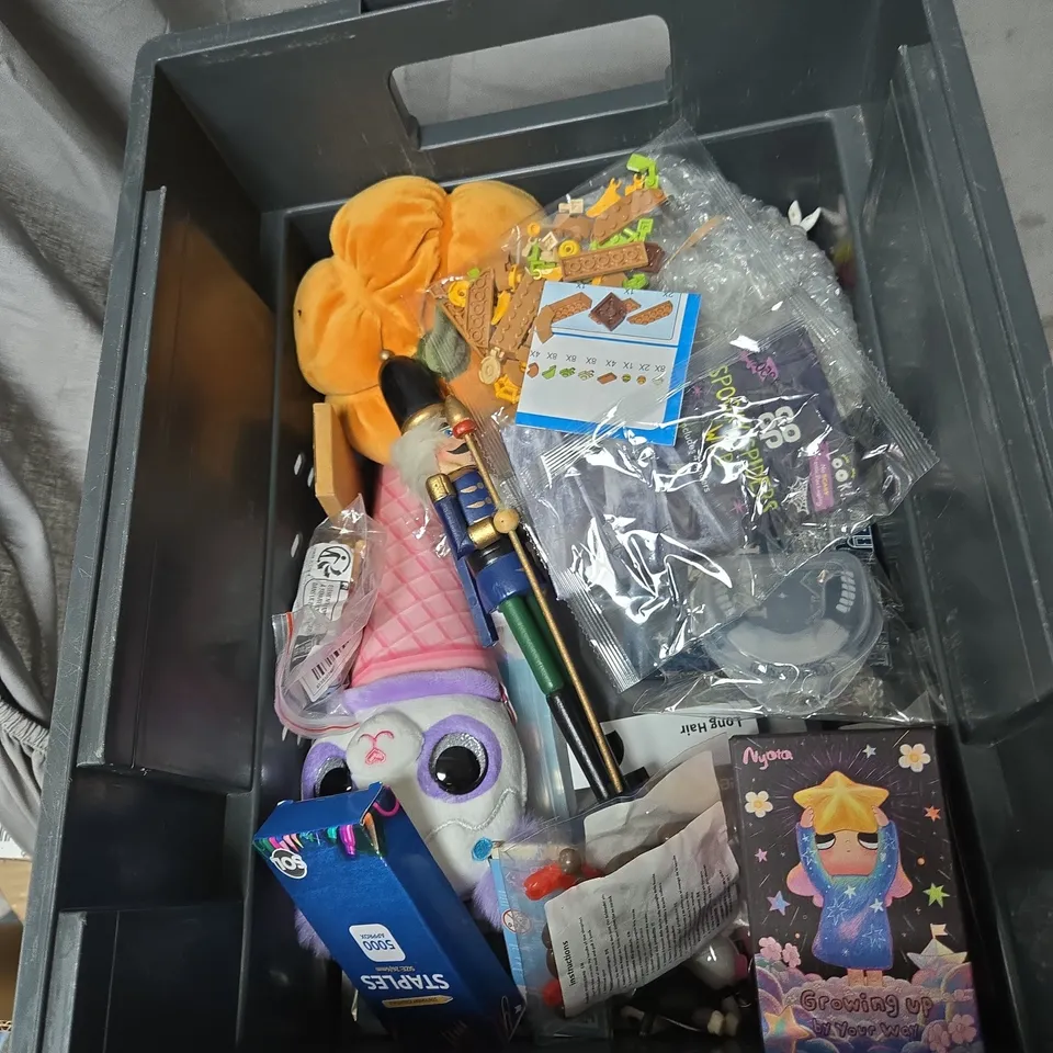 BOX OF ASSORTED TOYS INCLUDING NYOTA X POP MART FIGURE AND I AM THE SEASONS; WOODEN ANIMAL PUZZLE