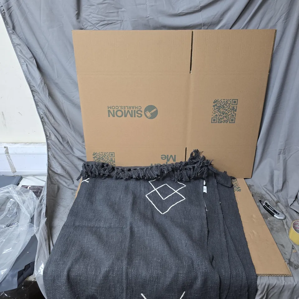 LUXURY CLOSE OUT - 100% COTTON HANDLOOM EMBROIDERED THROW WITH CUSHION COVERS BLACK WITH CREAM EMBROIDERY 